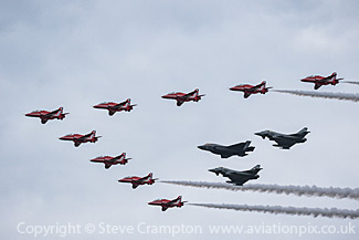 Red Arrows in formation with Lockheed Martin F-35B Lightning II and Eurofighter Typhoon