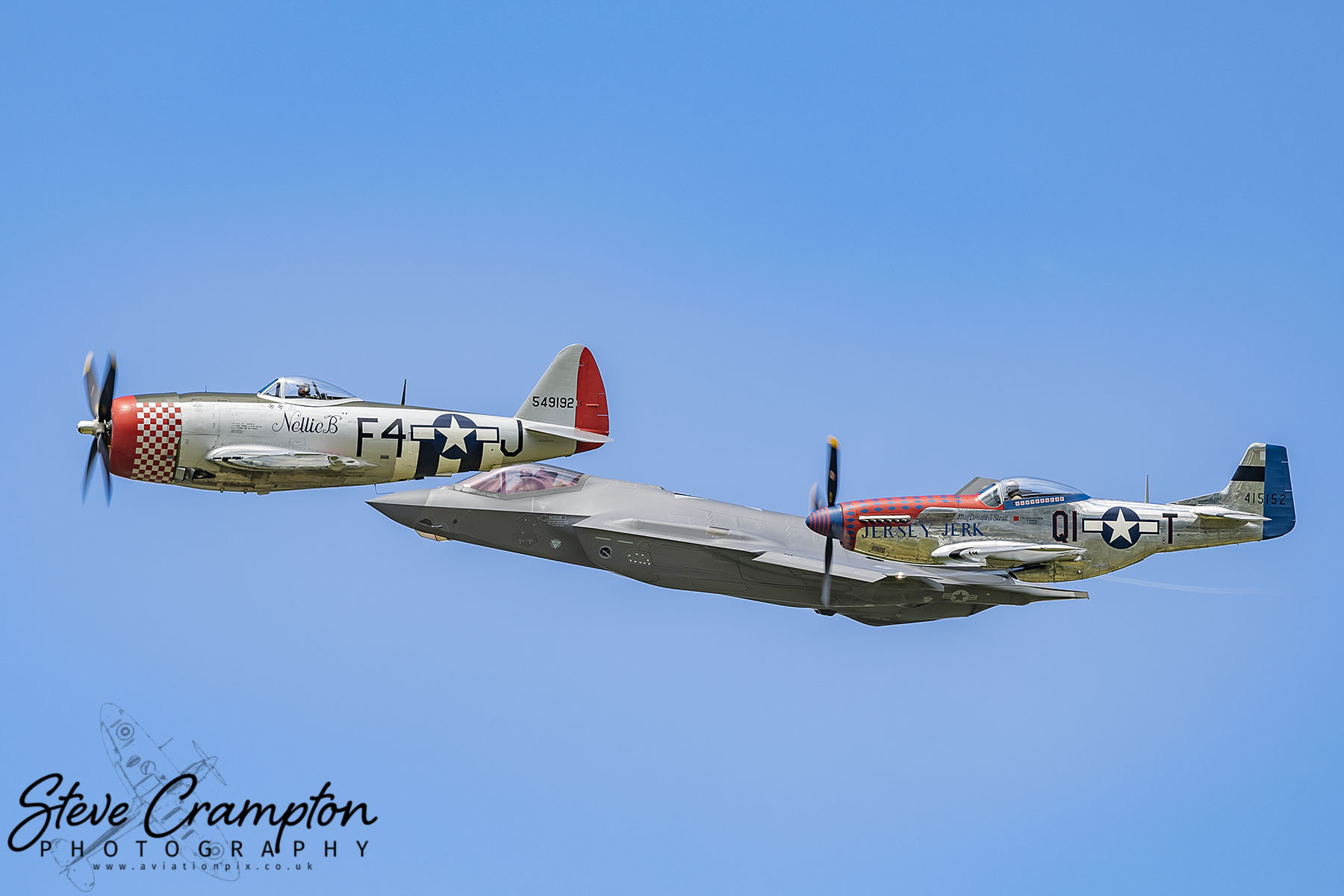 Lockheed Martin F-35A Lightning II, Republic P-47 Thunderbolt and North American P-51 Mustang